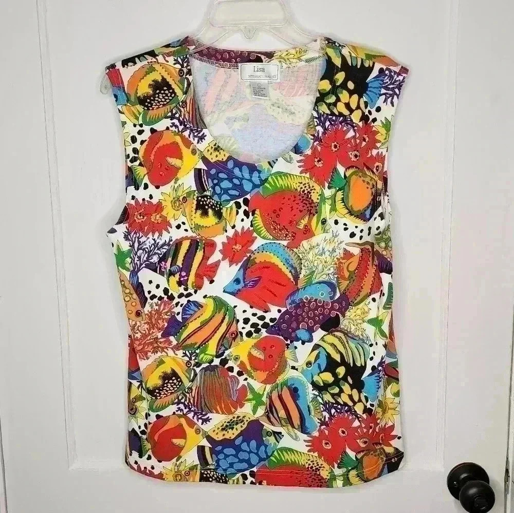 Size M/L Lisa International Tropical Fish Tank Top + Short Set Beaded Colorful
